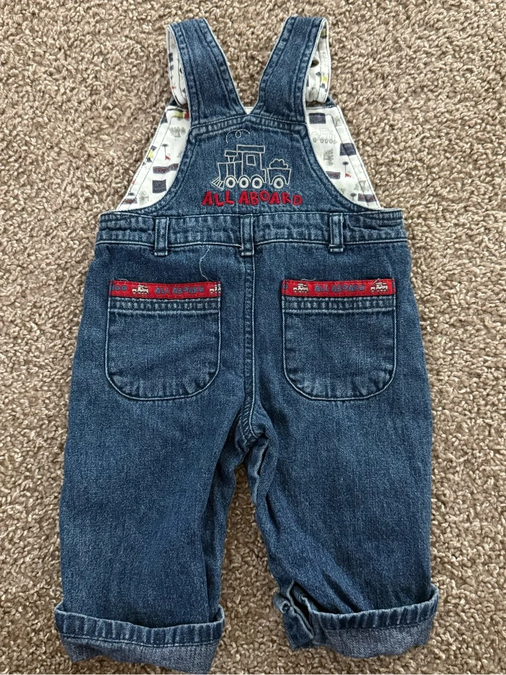 Vintage Y2K Koala Baby 3-6M Denim Train Overalls Embroidered Halloween Costume